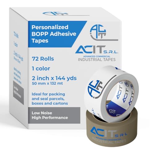 ACIT Cinta adhesiva personalizada, cinta de embalaje para paquetes y cajas de mudanzas, cinta adhesiva personalizada con logotipo, 72 rollos, un color, 66 132 m (132 mt)