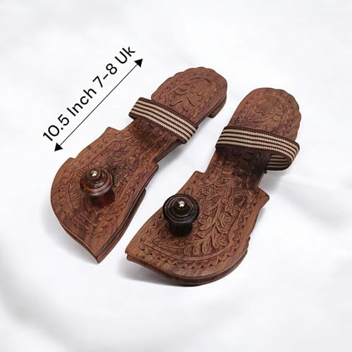 Image of Khadau Chappal for Men | Wooden Charan Paduka for Puja, Wearable Wooden Chappal Eco-Friendly (Rosewood) (7 UK, Fish-Strap)