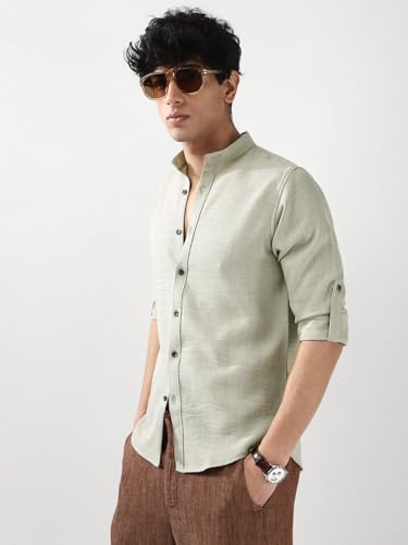 Image of Urbano Fashion Men's Linen Blend Full Sleeve Relaxed Fit Mandarin Collar Casual Solid Shirt