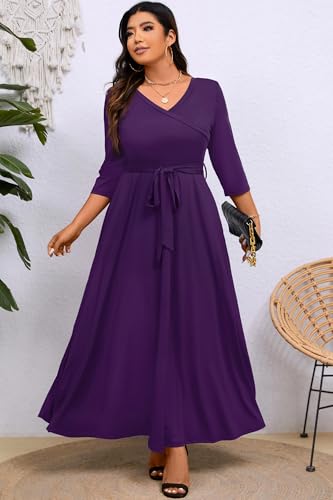 Image of Runwind Plus Size Dress for Women - 3 /4 Sleeve V Neck Maxi Dresses for Women (XL-6XL)