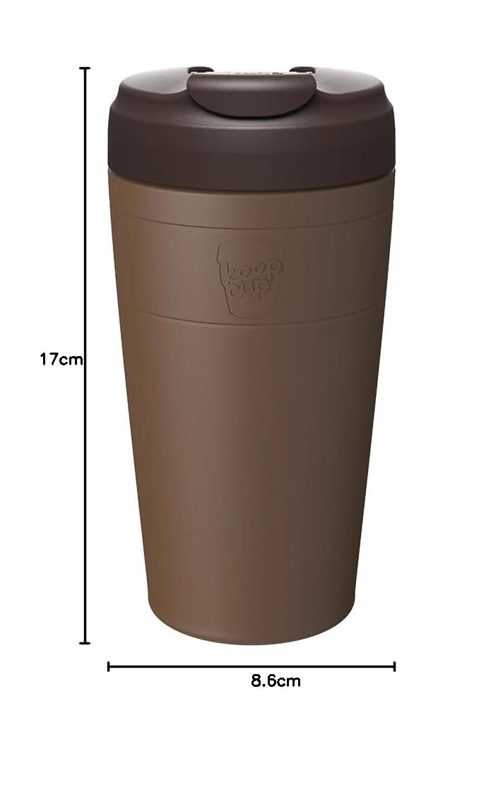 KeepCup Kubek podróżny dla osób dojeżdżających do pracy - izolowany kubek do kawy wielokrotnego użytku ze stali nierdzewnej z odporną na zalanie pokrywką z klapką - 454 ml - czekoladowy