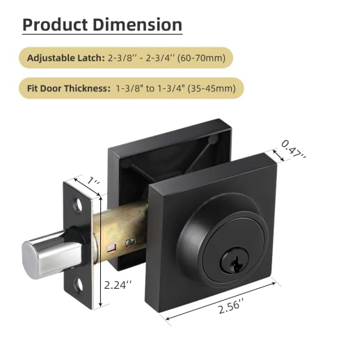 Toocust SQ_DEADBOLT_BLK Square Single Cylinder Deadbolt, Modern Deadbolt Lock With Keys, Door Locks With Deadbolt, Matte Black Deadbolt thumb #2