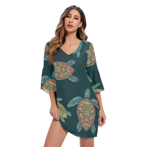 Robe d'été tortue de mer colorée à manches 3/4 fluide pour femme