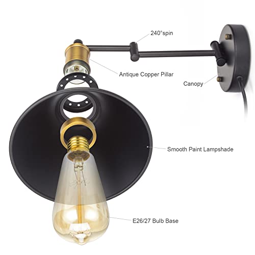 Swing Arm Wall Lamp Plug-in Cord Industrial Wall Sconce, Bronze and Black Finish,with On/Off Switch, E26 Base,1-Light Bedroom Wall Lights Fixtures,Bedside Reading Lamp - Image 5