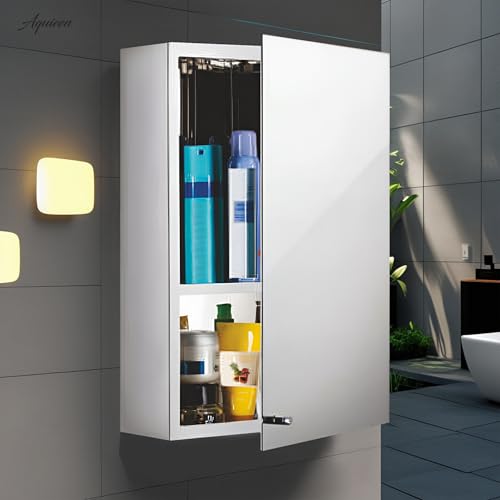 Image of Aquieen Stainless Steel Bathroom Mirror Cabinet, Wall-Mounted, Single Door, with Adjustable Shelves, Storage Cabinet for Home and Commercial Use (14 inch X 20 inch)