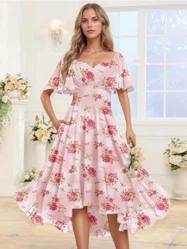 Sweetheart High Low Bridesmaid Dresses for Women Short Sleeve A-Line Chiffon Formal Party Gowns with Pockets2