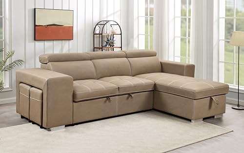 THSUPER 102'' Microfiber L Shaped Sectional Sleeper Sofa Couch with Pullout Bed and Storage Chaise, Convertible Couches with Adjustable Headrest for Living Room, Reversible Chaise. Light Brown