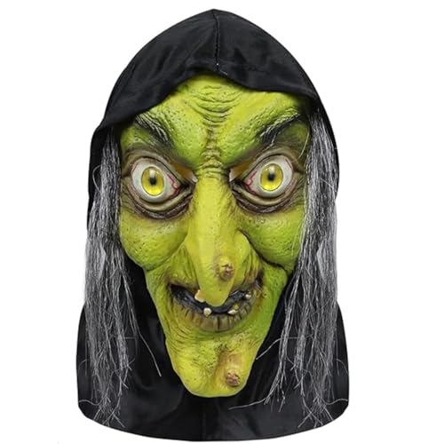 Mltao Witch Mask with Headcloth and Wig, Latex Woman Mask Halloween Old Witch Costume Dress up Scary Witch Costumes Party Props
