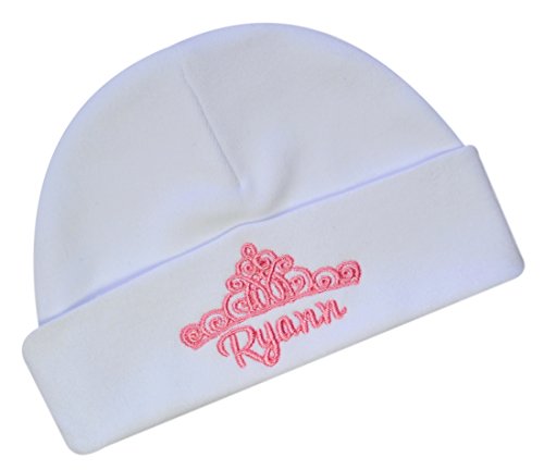 Newborn Personalized Embroidered Baby Girl Hat with Princess Crown with Custom Name (White HAT/Pink Thread)