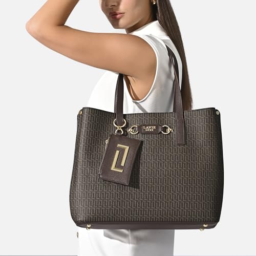 Image of Lavie Luxe Women's Monogram Chloe 3 Compartment Tote Handbag | Tote Bag For Work | Ladies Purse | Stylish Shoulder Bag | Gift For Women