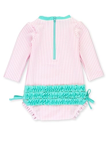Image of RuffleButts Baby-Girls Seersucker Long Sleeve Rash Guard - One Piece Swimsuit UPF 50+ Toddler