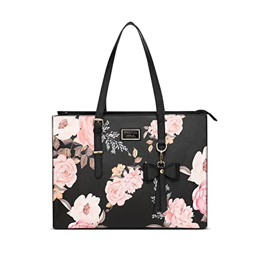 Mosiso Laptop Tote Bag Compatible With Macbook Pro 16 Inch 2022 2021 M1 A2485/2019-2020 A2141&15-15.6 Inch Notebook, Peony Pu Leather Travel Work Briefcase With Detachable Bowknot & Small Purse, Black #TOP6