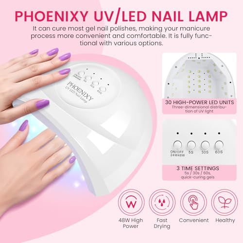 Phoenixy 60Pcs Gel Nail Polish Set, 55 Colours Gel Nail Kits with UV Lamp, Gels Polishes for All Seasons with Base Top Matte Glitter Golden Coat Nails Art Gift Set for Manicure Lovers - Image 5