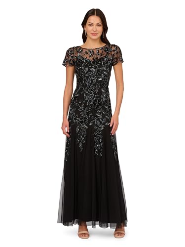 Image of Adrianna Papell Women's Beaded Gown with Godets - Floor Length Gown with Floral Embellishments & Cap Sleeves