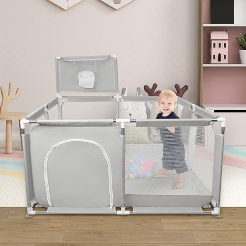 Laufstall Baby,Laufstall baby faltbar für Babys mit weichem,Baby Laufstalls mit Reißverschlusstür,Kinder laufgitter,inklusive 50 Bällen,4 X Zugringen,Leicht zu Reinigen (126x126x66cm Hellgrau)
