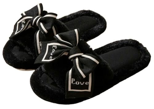 Bow Stylish Elegant Fluffy Indoor Slippers Warm Faux Fur Winter Shoes Soft Sole Open Toe Slippers for Women 2025