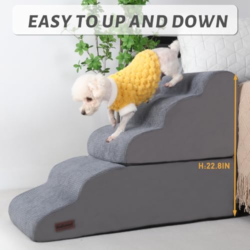 Image of Dog Stairs and Ramp for High Bed, 5-Step Dog Steps for Small Dogs and Cats,Non-Slip Pet Stairs Suitable High Bed Climbing | Aodisman Pet Stairs for Bed with High-Density Foam,Ideal for Olders,Short-Legged Dogs,Puppy and Cats Get on High Beds,Grey