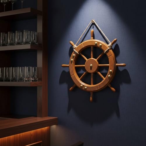 Roue de bateau décorative en bois marron style rétro méditerranéen - 2
