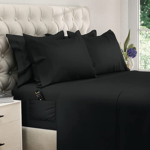 Image of DREAMCARE King Size Sheets Set - 6 pcs Breathable Cooling Sheets King Size | up to 21 inch Extra Deep Pocket King Sheet Set with Side Pockets - Extra Soft 100% Double Brushed Hotel Luxury Bedding - Black