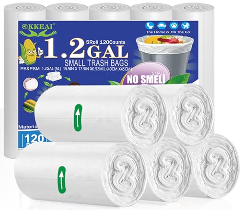 OKKEAI Small Trash Bags 5L Bin Bags White Bin Liner 120 Counts Mini Garbage Bags for Wastebasket,Bathroom,Office,Toilet,Fit 3L,4L,5L,6 Pedal Waste Bin