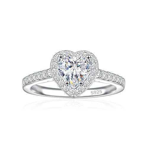 JALOKIVI 1CT 925 Sterling Silver Engagement Rings for Women Heart Cut Halo Cubic Zirconia Wedding Rings for Women Promise Rings for Her Silver Size 8.5