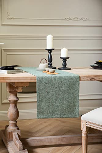 Image of ZeeMart Burlap Style Farmhouse Table Runners 48 Inches Long, Green Rustic Woven Dining Table Runner for Everyday Use, 14x48 Inches, Mineral Green
