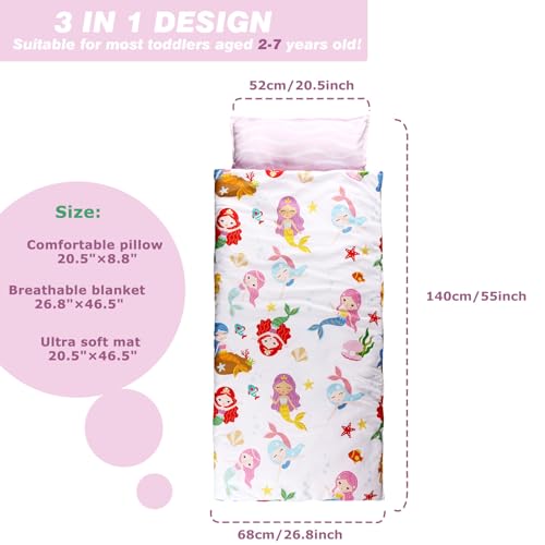 Image of Toddlers Nap Mat with Removable Pillow and Soft Blanket, Lightweight Daycare Preschool Kindergarten Sleeping Bag, Travel Slumber for Kids Girls Boys (Mermaids)