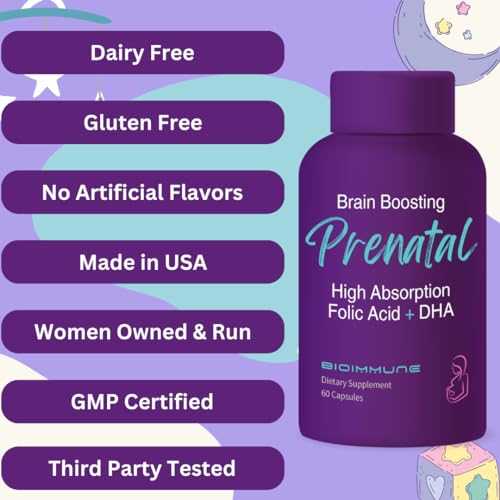 Image of BioImmune Ultra Strength Bio-Available Prenatal Vitamins for Women, Naturally Occurring Methylated Folate Folic Acid, DHA Omega 3. Supports Brain Development, Healthy Fetal Development