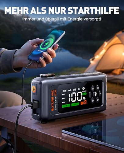 5000A Starthilfe Powerbank mit 150PSI Kompressor, 12V Auto Starthilfe Powerbank für 12 V(Bis zu All Benzin und 9.0L Dieselmotor)，Booster Auto Starthilfe mit Taschenlampe, Zwangsstart, Handschuhe