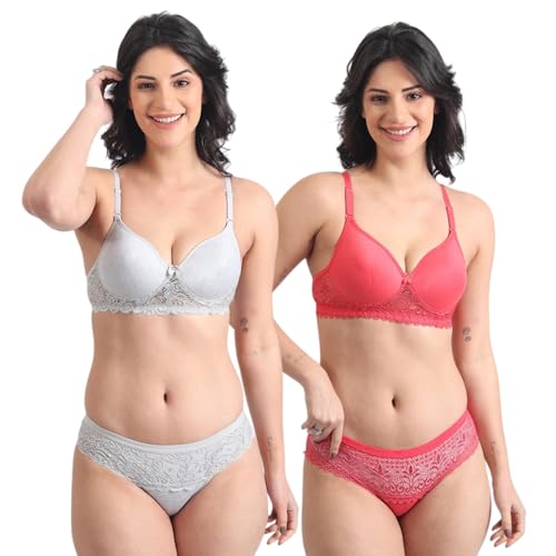 Image of SGC SWEDEN Women's Lingerie Set | Lace Fabric Lightly Padded Non Wire Push-Up Bridal Bra Panty Lingerie Set