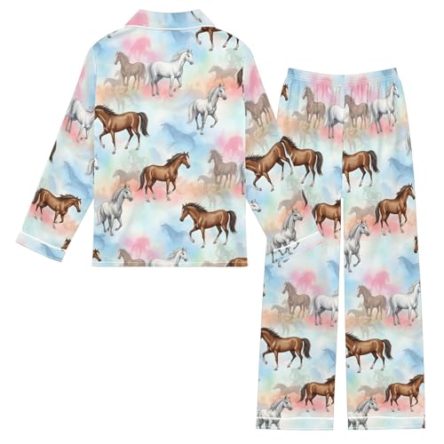Image of Satin Pajama Sets Short Sleeve Horses Running on Colorful Button Down Silky Nightwear 2 Piece PJS 5-14Y