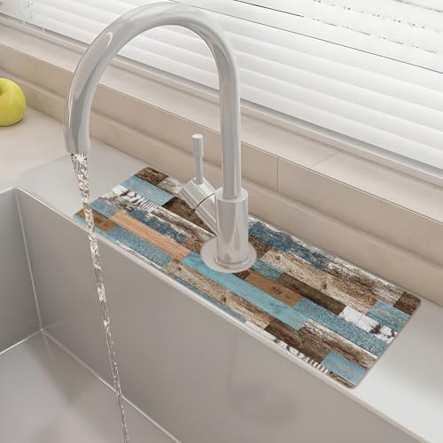 15" X 5.5" Kitchen Sink Splash Guard Faucet Mat Wood Grain Super Absorbent Fast Drying Faucet Guard & Draining Mat Sink Splash Guard Behind Faucet for Kitchen, Bathroom