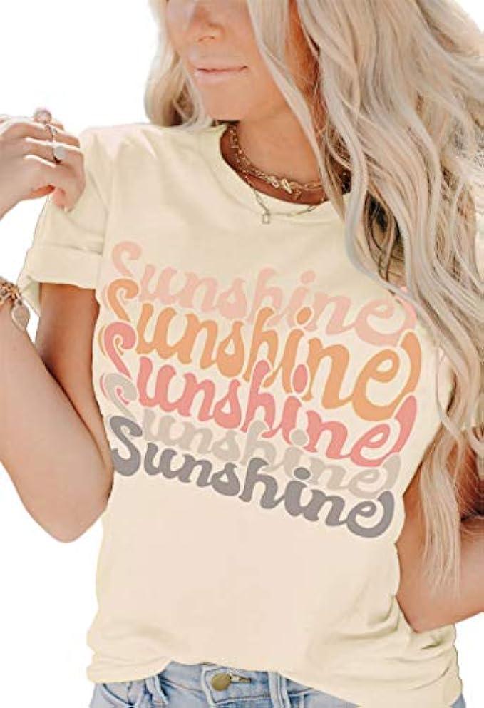 INFITTY Womens Funny Letters Print T Shirts Short Sleeve Shirts Cute Sunshine Graphic Tees Summer Casual Loose Tops
