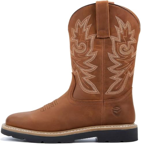 SUREWAY Mens Western Square Toe Cowboy Boots for Men,Soft/Steel Toe Full Grain Leather Slip On Pull On Work Boots for Construction Farming,Waterproof Soft Toe Brown,Size 9.53