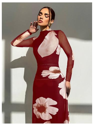 Image of Verdusa Women's Floral Wedding Guest Dress Long Sleeve Mesh Slimming Cocktail Vacation Maxi Dresses