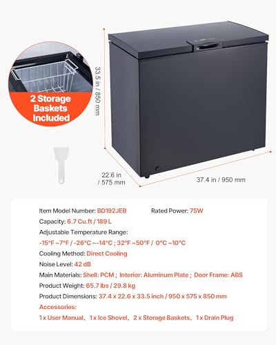 Image of VEVOR Chest Freezer, 6.7 Cu.ft Compact Deep Freezer, Free Standing Top Open Door Chest Freezers with 2 Removable Baskets & Adjustable Thermostat - Energy Saving, Low Noise & Garage Ready, Black