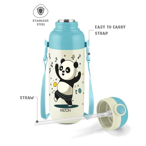 Image of Milton Steel Indus 400 Thermoware PU Insulated, 390 ml Water Bottle with Straw for Kids, Leak Proof Flip Top Sipper Lid Bottle, School, Picnic, Easy to Carry Belt, White