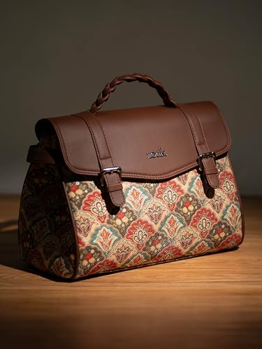 Image of ZOUK Heritage Satchel Bag - Gwalior Weaves | Jute | Vegan Leather Handcrafted With Detachable Sling Strap