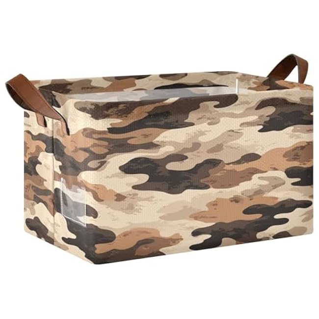 Camouflage Duck Hunter Storage Bins Brown Camo Collapsible Storage Basket Box with Handles Organizer for Clothes Shelves Closet Cabinet Home Office, 1PC