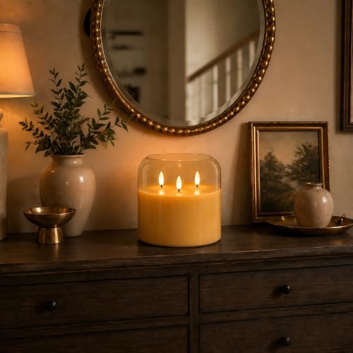 Image of Homemory 6 x 6 Inch Extra Large Flameless Candle, Rounded Rim Amber Glass 3-Wick LED Pillar Candle, Real Wax Battery Operated Candle with Remote Control and Timer for Home Decor