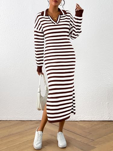 MASCOMODA Womens Fall Dresses 2024 Striped Sweater Dress Casual Long Sleeve V Neck Collared Loose Side Slit Knit Midi Dress3