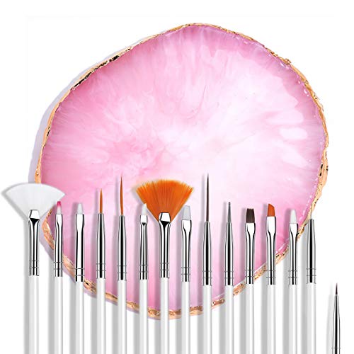 AUOCATTAIL 15 Pcs Nail Art Brushes with 1 Pcs Gold Edge Resin Nail Art Palette Nail Art Tools Kits DIY Manicure Designer (Pink)