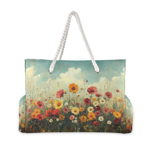 ATTX Wild Flowers Oil Painting Beach Bags for Women - Large Beach Bags with Zipper Waterproof Sandproof Swim Pool Bag Large Tote#3772