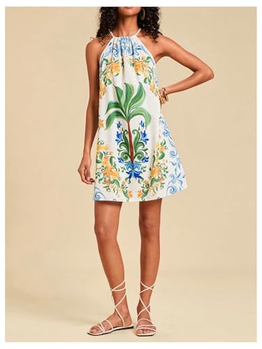 Image of SweatyRocks Women's Tropical Print Halter Dresses Sleeveless Holiday Summer Mini Dress