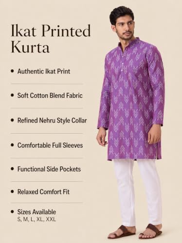 Image of Studio Shringaar Men's Cotton Blend Relaxed Fit Ikat Printed Knee Length Kurta