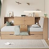 Merax Twin Size Daybed with USB Charging Port, Wood Floor Day Bed Frame with Storage Drawers & Headboard, Space-Saving Corner Beds for Kids Teens Adult Bedroom & Guestroom, L-Shaped Bookcase, Natural