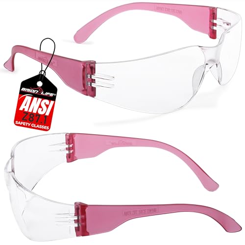 BISON LIFE Clear Lens Pink Safety Glasses - 12 Pairs Protective Eyewear, Polycarbonate Impact Resistant Lens