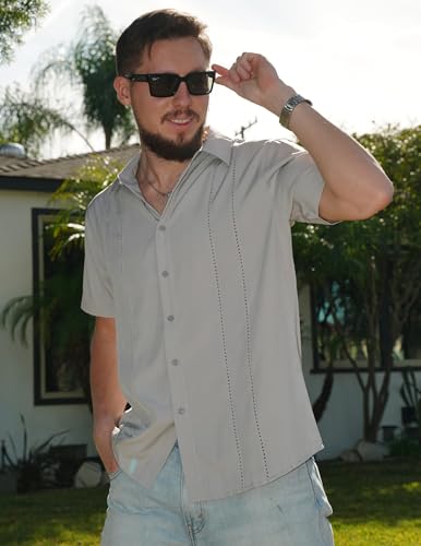Image of COOFANDY Mens Cuban Guayabera Shirt Short Sleeve Button Down Shirts Summer Beach Vacation Shirts