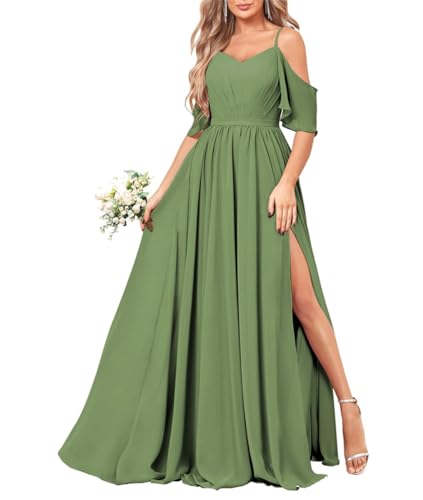 Damen Schulterfreies Brautjungfernkleid Lang Chiffon Formelles Kleid mit Schlitz, olivgrün, 52 Plus