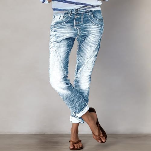 Women’s Trendy Stretchy Low Rise Button Straight Leg Distressed Jeans Stylish Vintage Casual Loose Denim Pants2